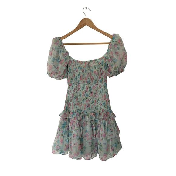 ASTR Garland Floral Front Cutout Puff Sleeve Mini Dress in Mint - Picture 6 of 8